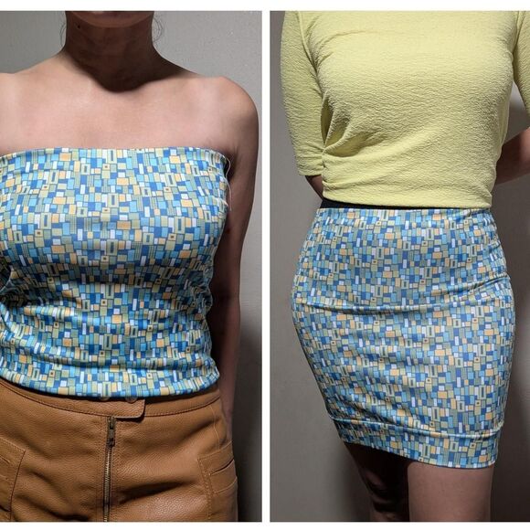 Women's Yellow and Blue Geometric Strapless Top or Miniskirt - Picture 1 of 7
